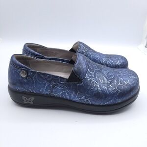 Alegria Leather Slip On Shoes Womens 37 US 7-7.5 Blue Silver Paisley Kel-7469